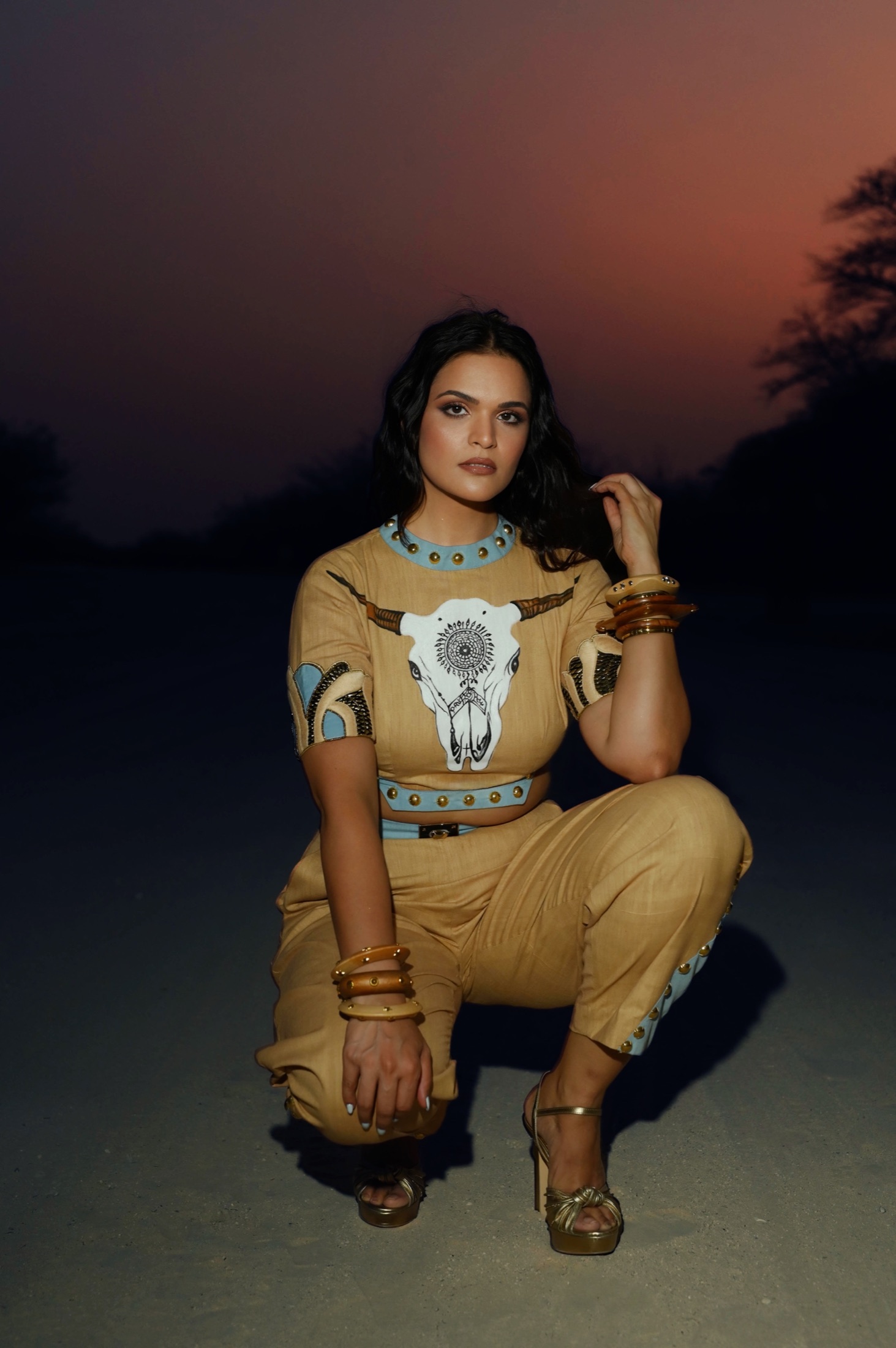 Aastha Chopra — western-inspired desert editorial at dusk, Dubai